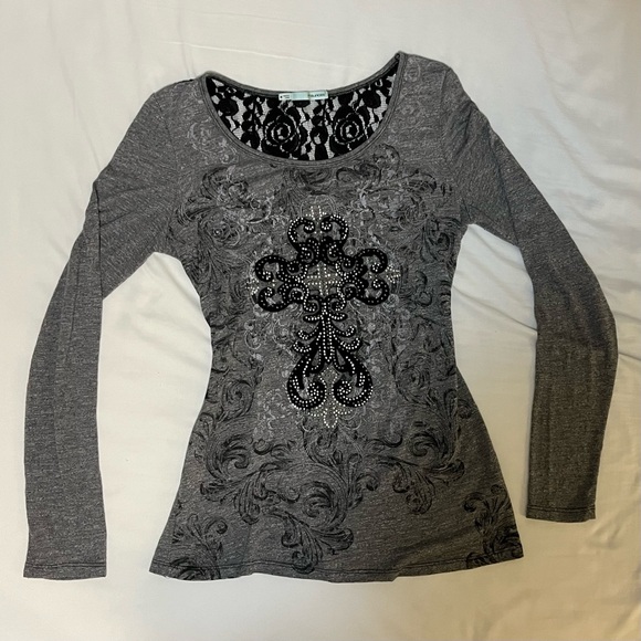 Maurices Tops - Maurices Grey & Black Bedazzled Cross Lace Long Sleeve Sweater Y2K Emo Grunge